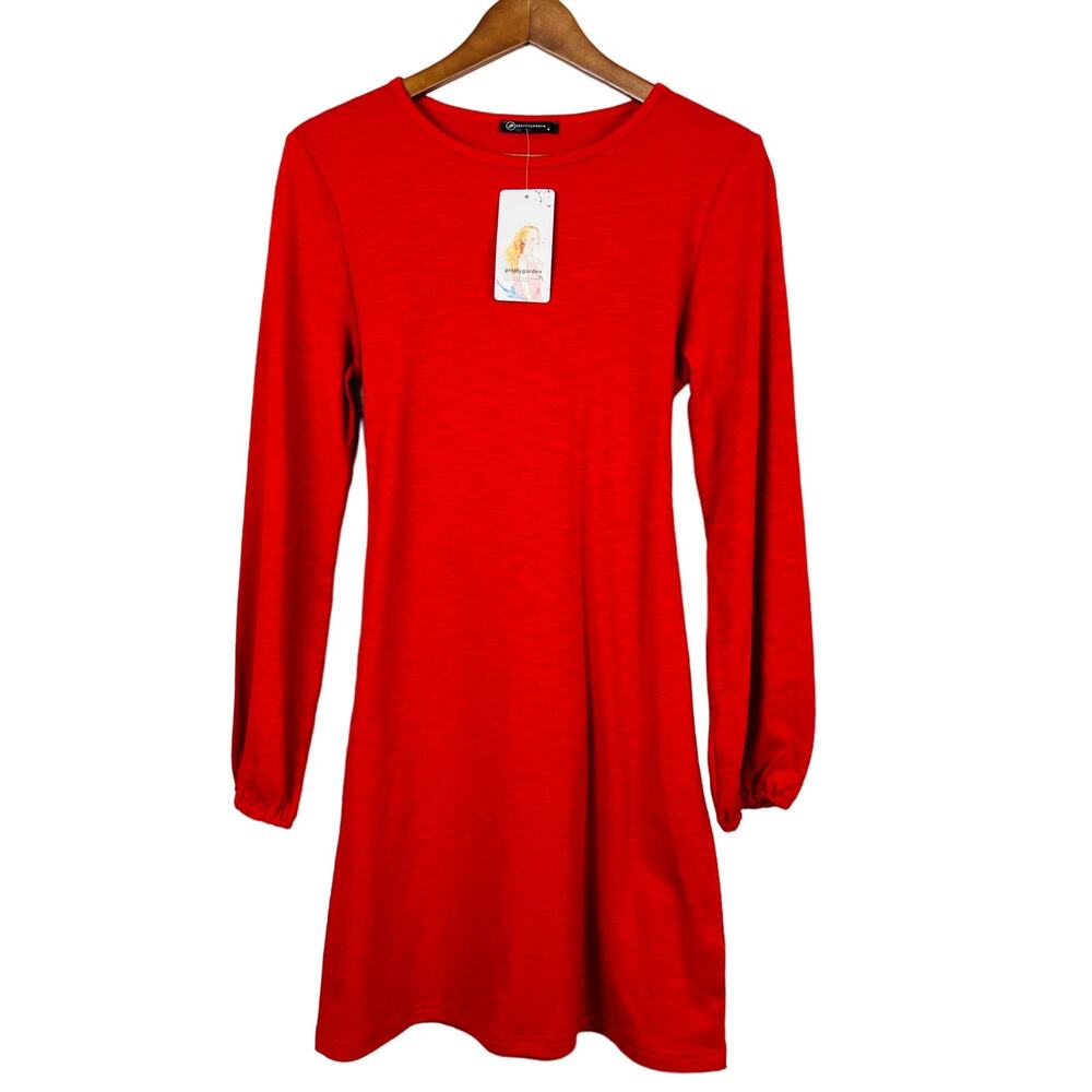 NEW! Pretty Garden Dress Scoop Neck Long Sleeve Belted Red - S